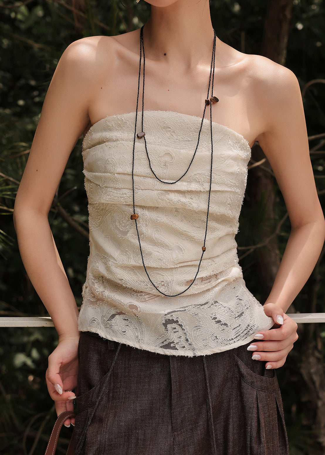 Elegant Apricot Strapless Jacquard Cotton Tops Summer