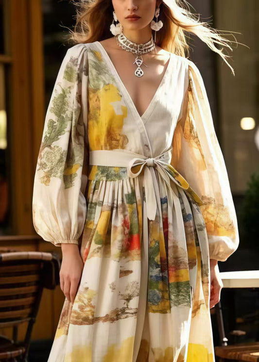 Elegant Apricot Tie Waist Print Cotton Holiday Dress Spring