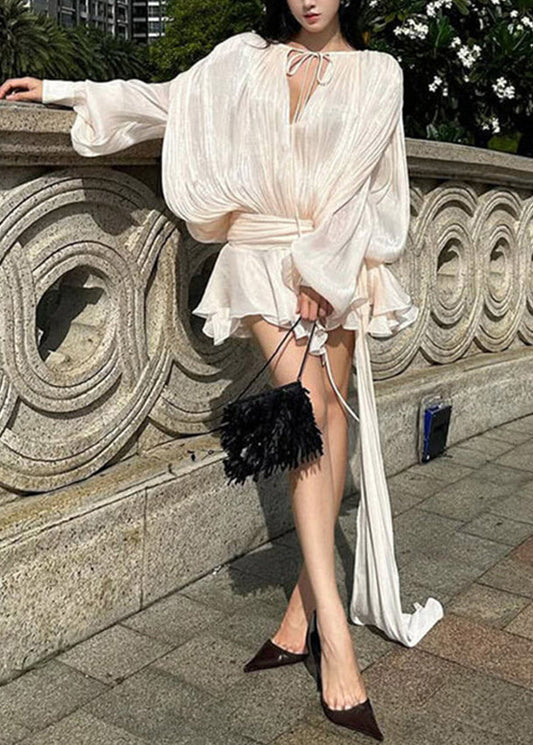 Elegant Apricot Wrinkled Lace Up Tulle Mini Dress Spring