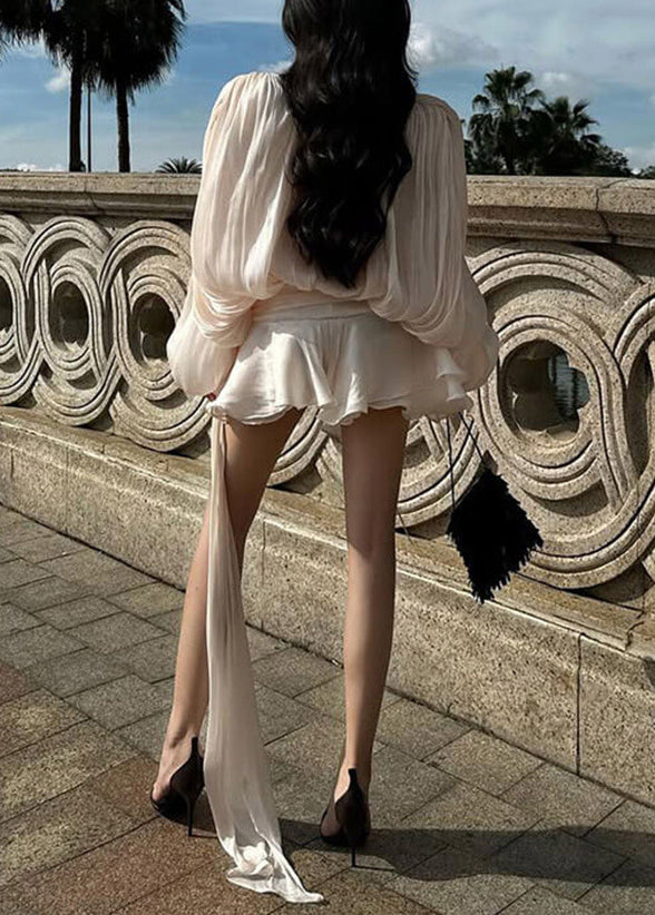 Elegant Apricot Wrinkled Lace Up Tulle Mini Dress Spring