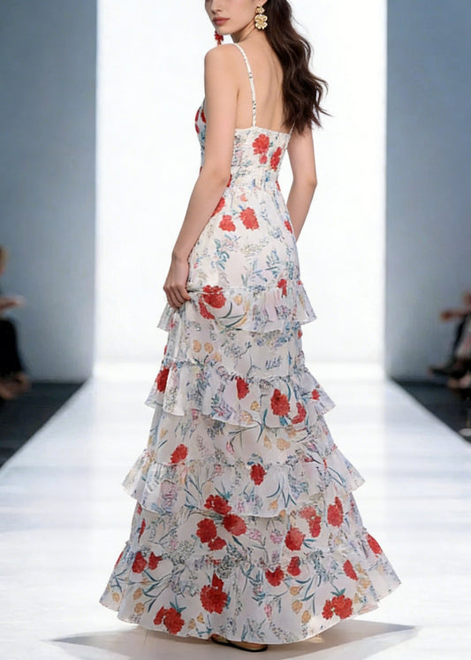 Elegant Backless Print Ruffled Cotton Spaghetti Strap Dress Sleeveless