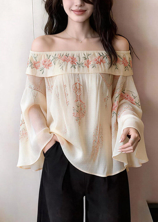 Elegant Beige Cold Shoulder Print Cotton Blouses Flare Sleeve