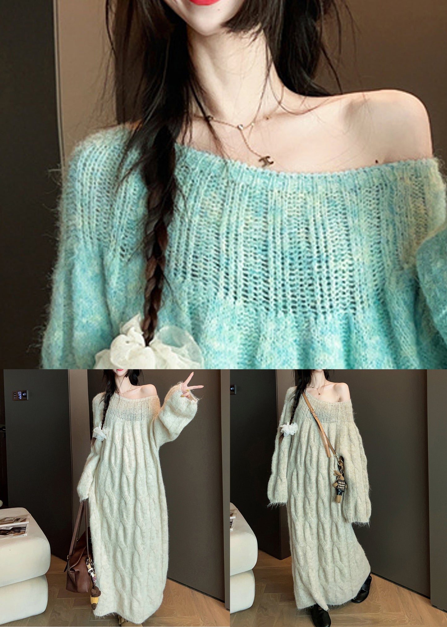 Elegant Beige Hollow Out Long Cable Knit Dress Spring