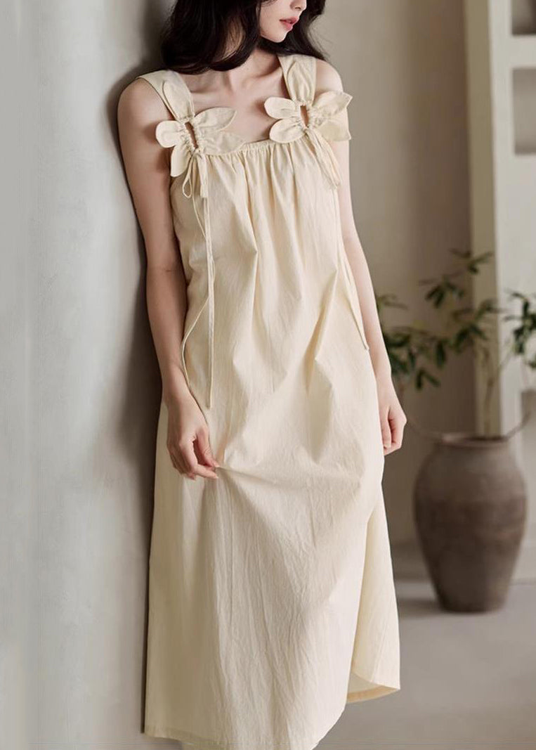 Elegant Beige Original Design Lace Up Cotton Long Dress Sleeveless
