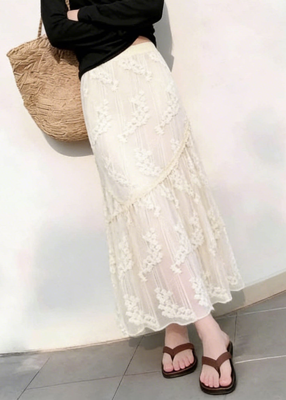 Elegant Beige Patchwork Elastic Waist Lace Maxi Skirts Fall