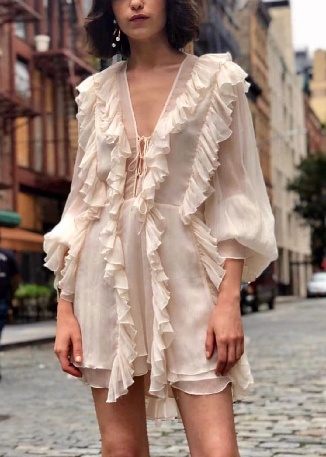 Elegant Beige Ruffled Lace Up Chiffon Mini Dresses Flare Sleeve