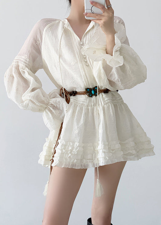 Elegant Beige Ruffled Lace Up Cotton Mini Dress Fall