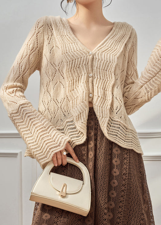 Elegant Beige V Neck Hollow Out Button Knit Cardigan Fall