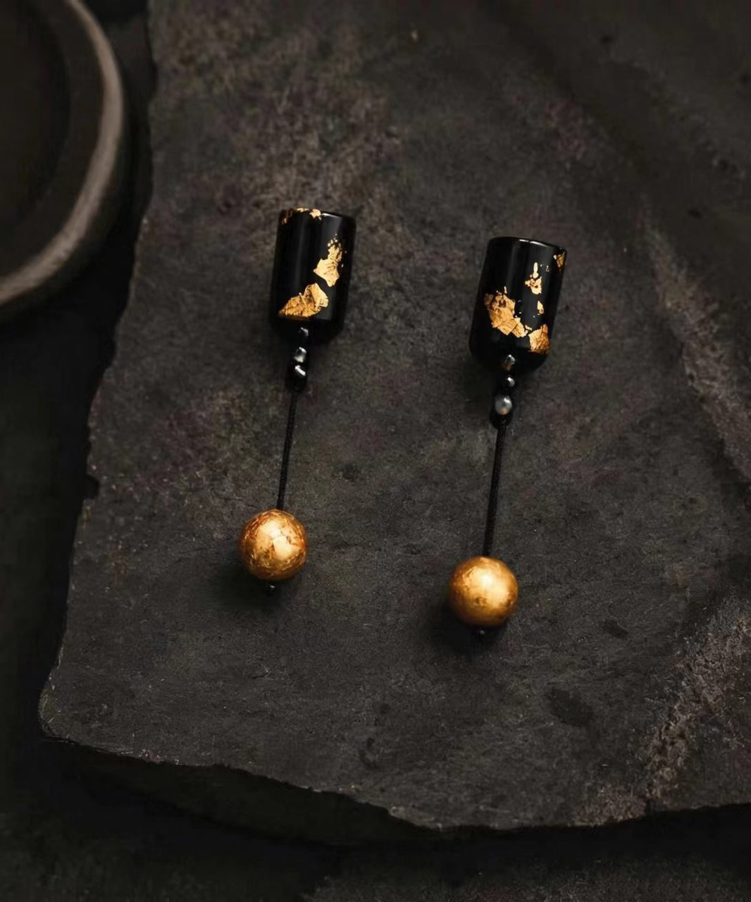 Elegant Black Alloy Silver Post Gold Foil Drop Earrings