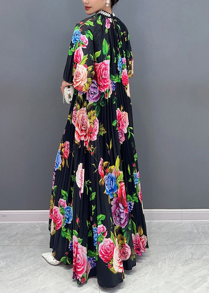 Elegant Black Blossoming Floral Cotton Long Dress Summer