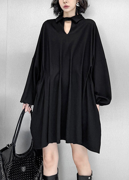 Elegant Black Hollow Out Solid Mid Dress Lantern Sleeve