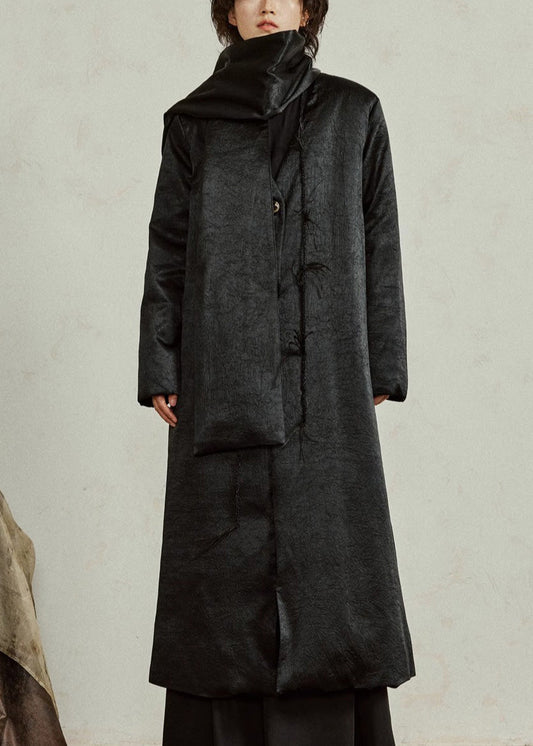 Elegant Black Neck Button Maxi Down Coat Winter