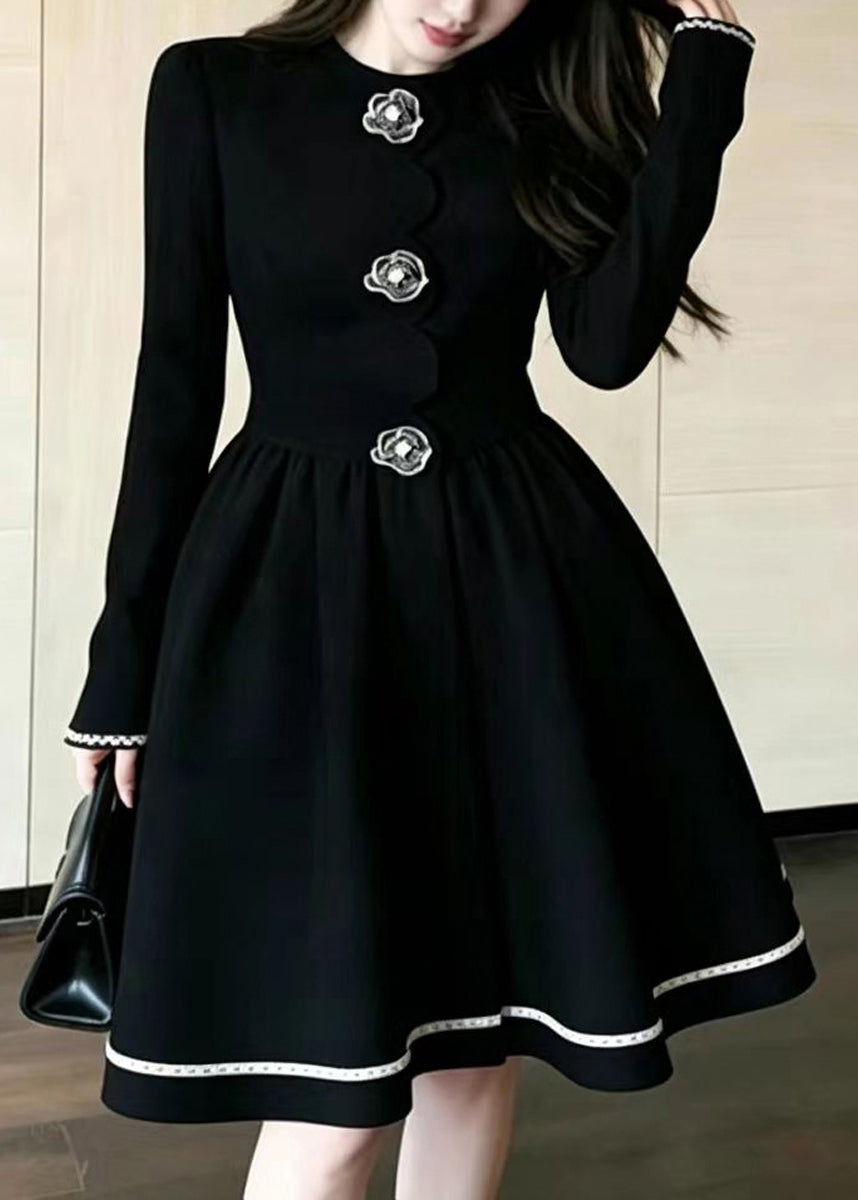 Elegant Black O-Neck Floral Button Vacation Dress Fall