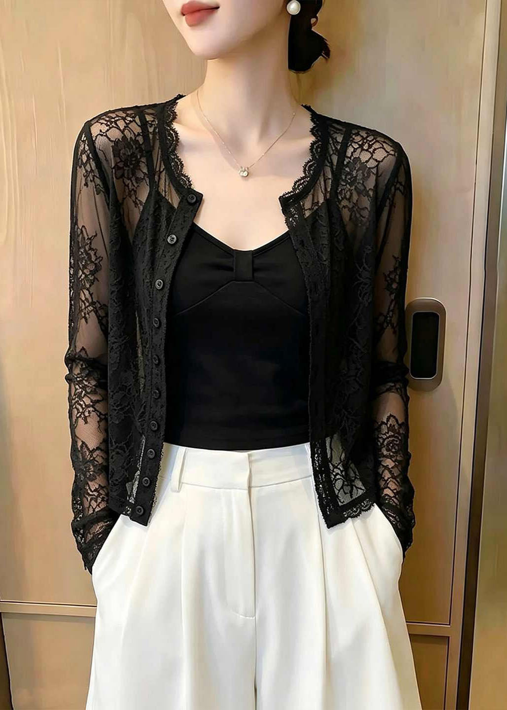 Elegant Black O-Neck Patchwork Lace Tops Long Sleeve