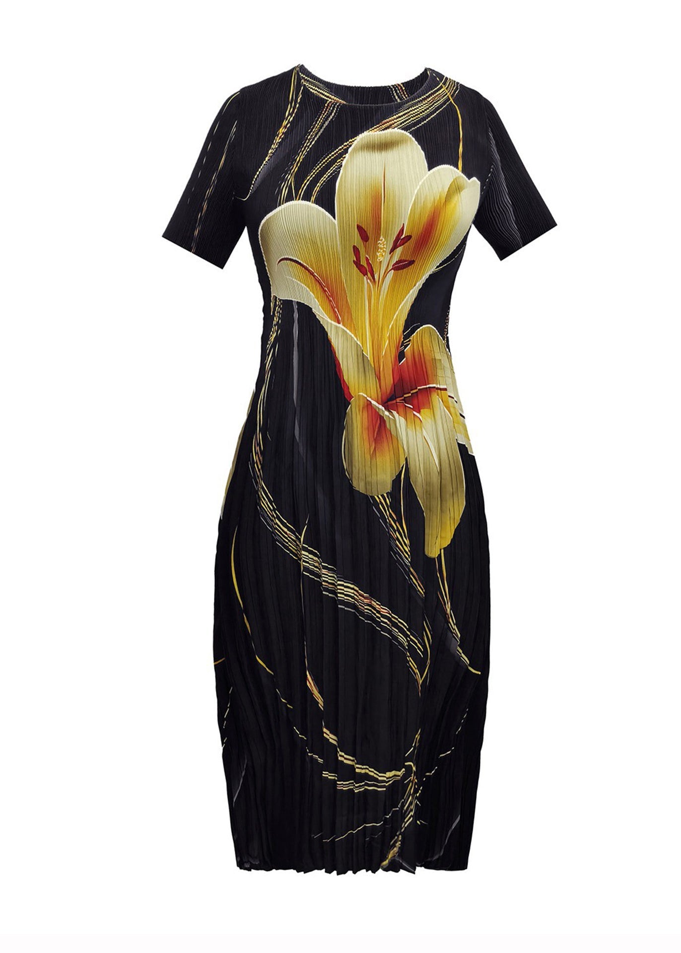 Elegant Black O Neck Print Wrinkled Dress Summer