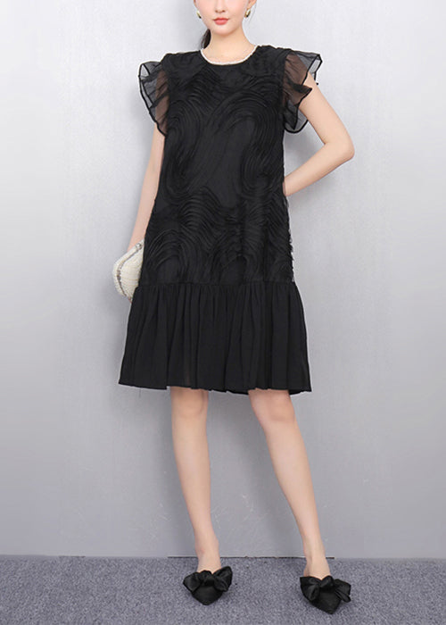 Elegant Black O Neck Wrinkled Tulle Patchwork Dress Summer