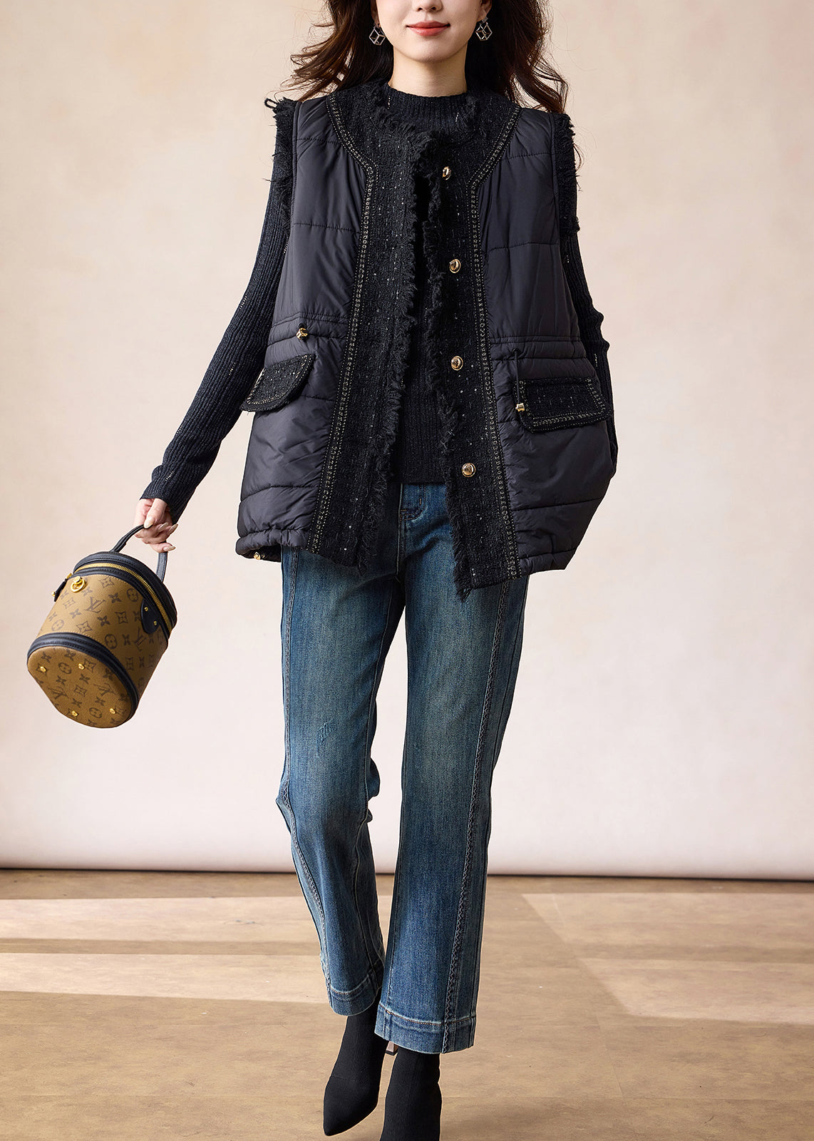 Elegant Black Patchwork Fine Cotton Filled Vests Winter