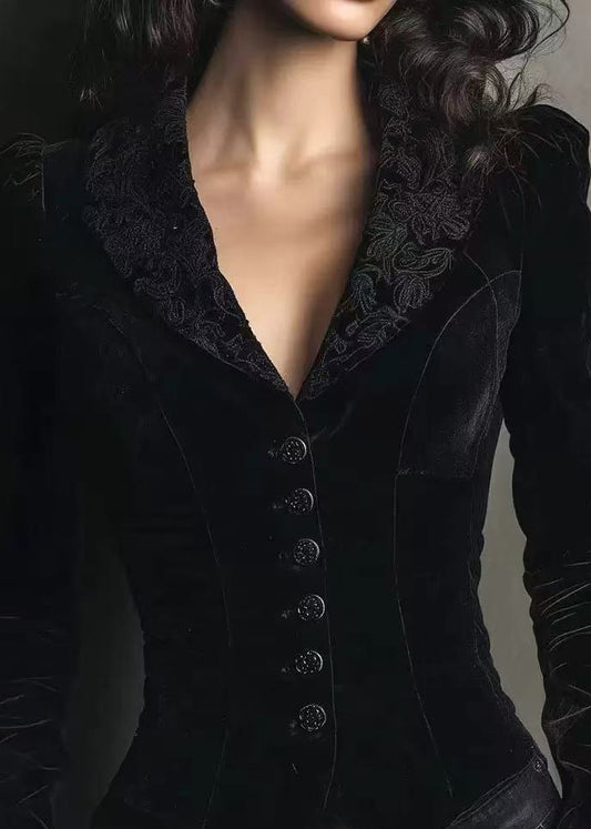 Elegant Black Peter Pan Collar Button Velvet Coat Spring