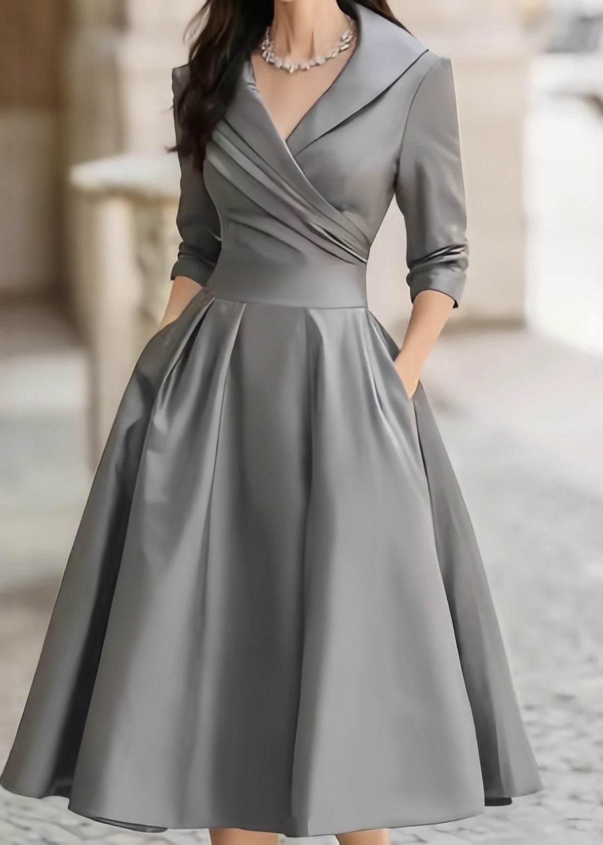 Elegant Black Peter Pan Collar Pockets Satin Dress Spring