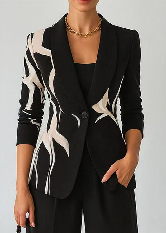 Elegant Black Peter Pan Collar Print Cotton Suit Coat Fall