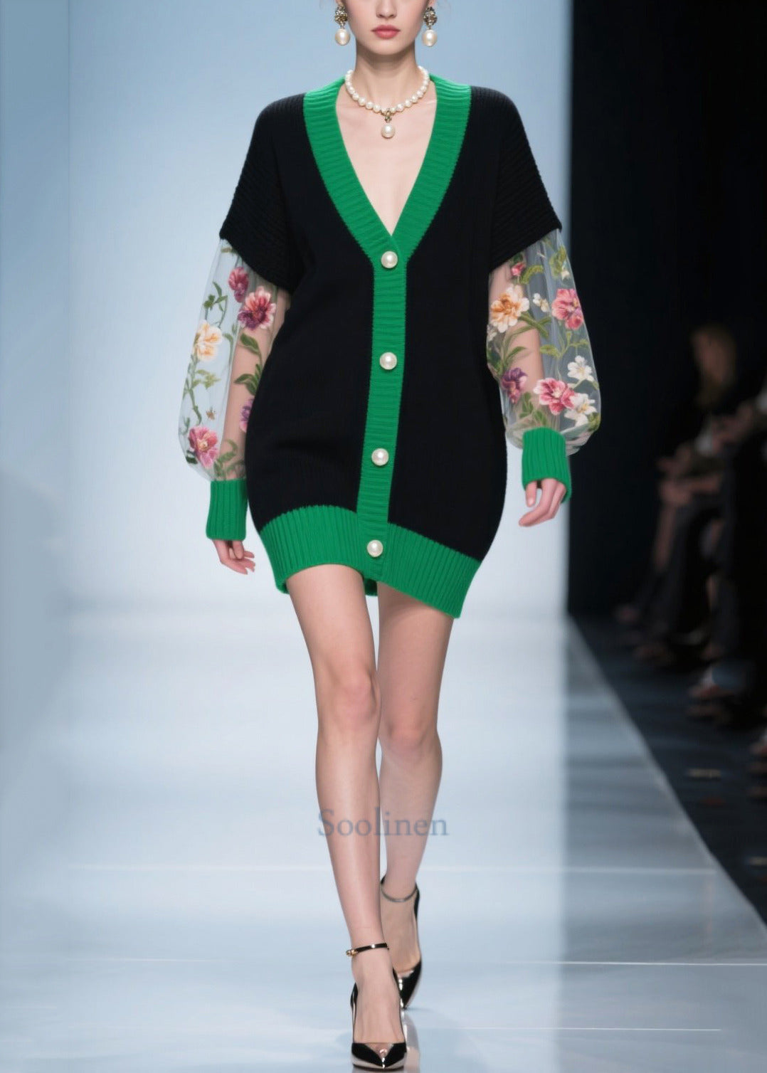 Elegant Black Print Patchwork Tulle Knitwear Dress Fall