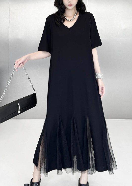 Elegant Black Side Open Patchwork Tulle Ankle Dress Summer