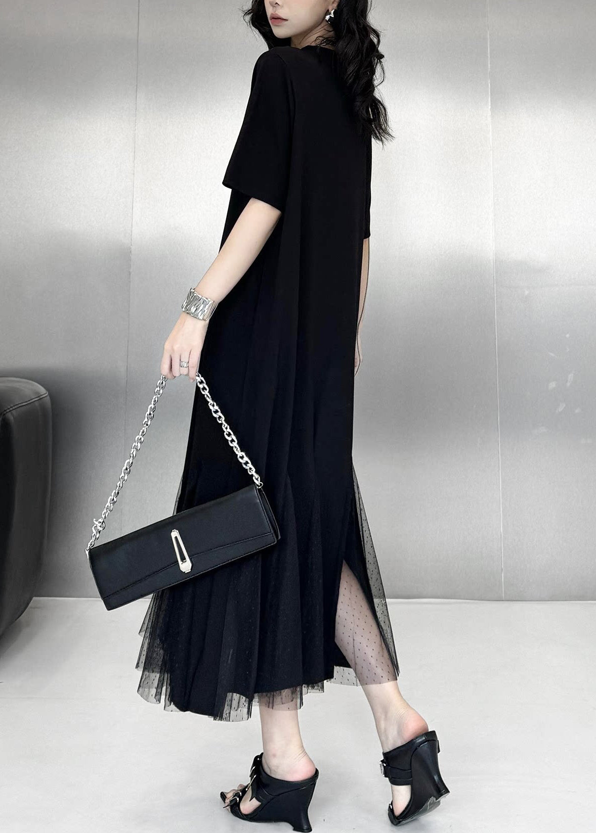 Elegant Black Side Open Patchwork Tulle Ankle Dress Summer