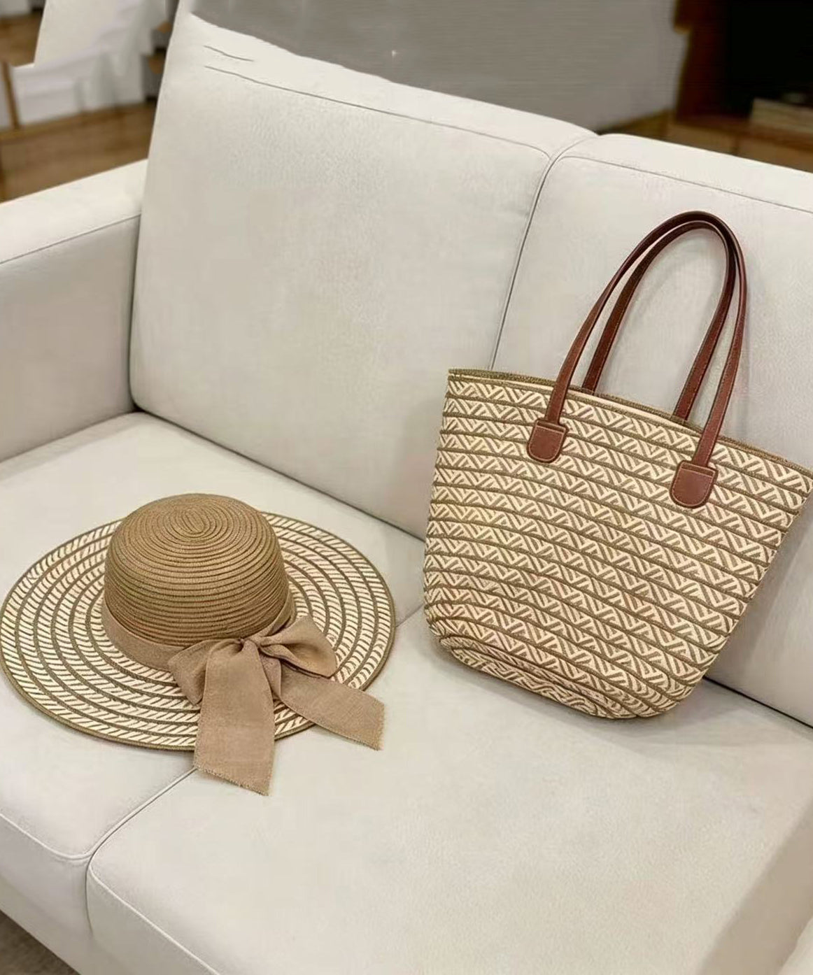Elegant Black Striped Straw Woven Floppy Sun Hat And Shoulder Handbag Two Pieces Set