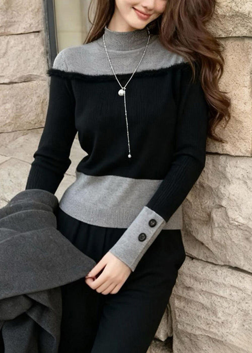 Elegant Black Turtleneck Patchwork False Two Pieces Knit Sweater Winter
