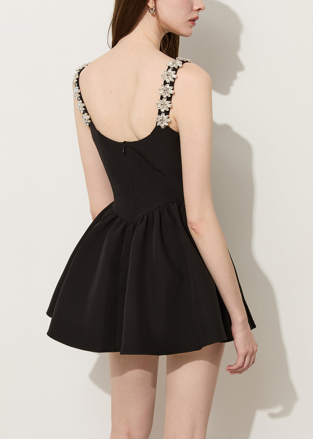 Elegant Black U Neck Flower Rhinestone Cotton Mini Dress Summer