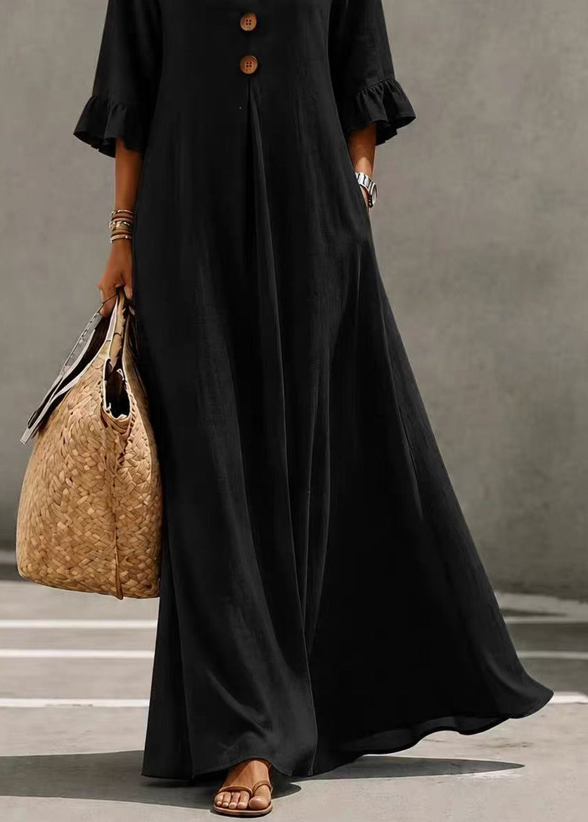 Elegant Black V Neck Button Exra Large Hem Long Dress Butterfly Sleeve