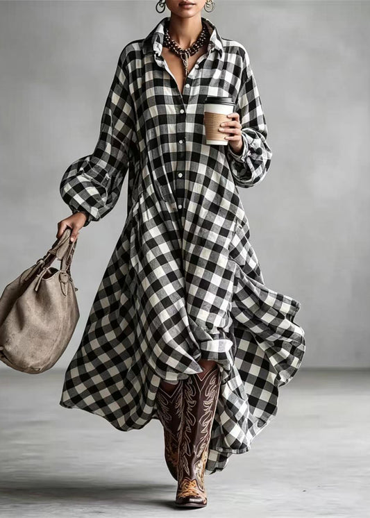 Elegant Black White Plaid Low High Design Cotton Maxi Dresses Long Sleeve