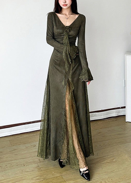 Elegant Blackish Green Patchwork Lace Long Dress Flare Sleeve