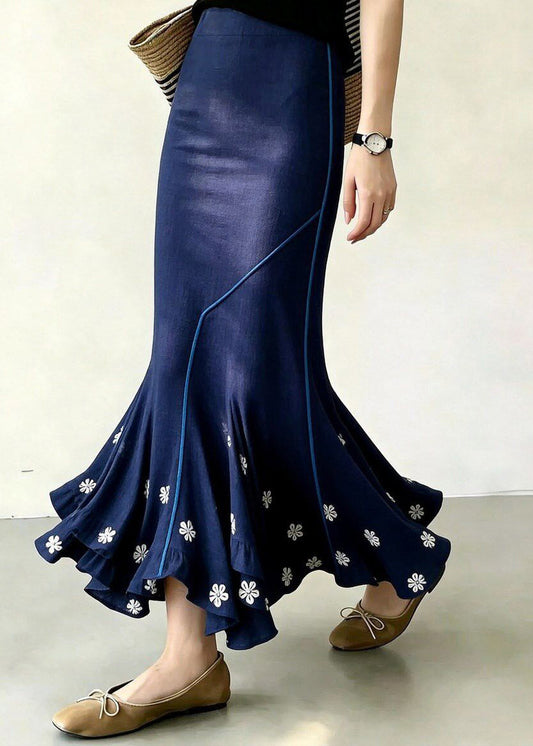 Elegant Blue Floral Asymmetrical High Waist Mermaid Skirt Fall