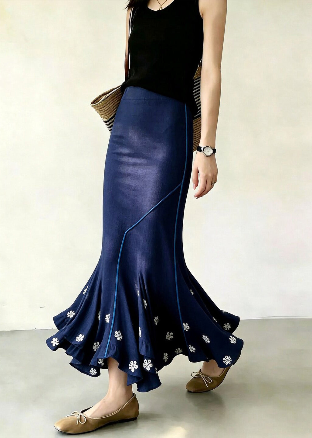 Elegant Blue Floral Asymmetrical High Waist Mermaid Skirt Fall