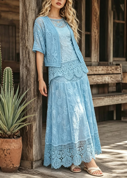Elegant Blue O Neck Cardigans Tank And Skirts Lace Three Pieces Set Summer