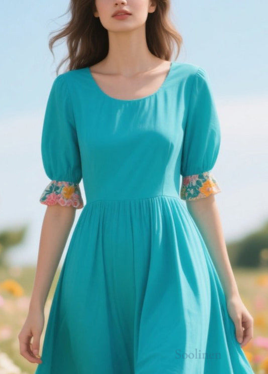 Elegant Blue O-Neck Patchwork Print Cotton Holiday Dress Summer