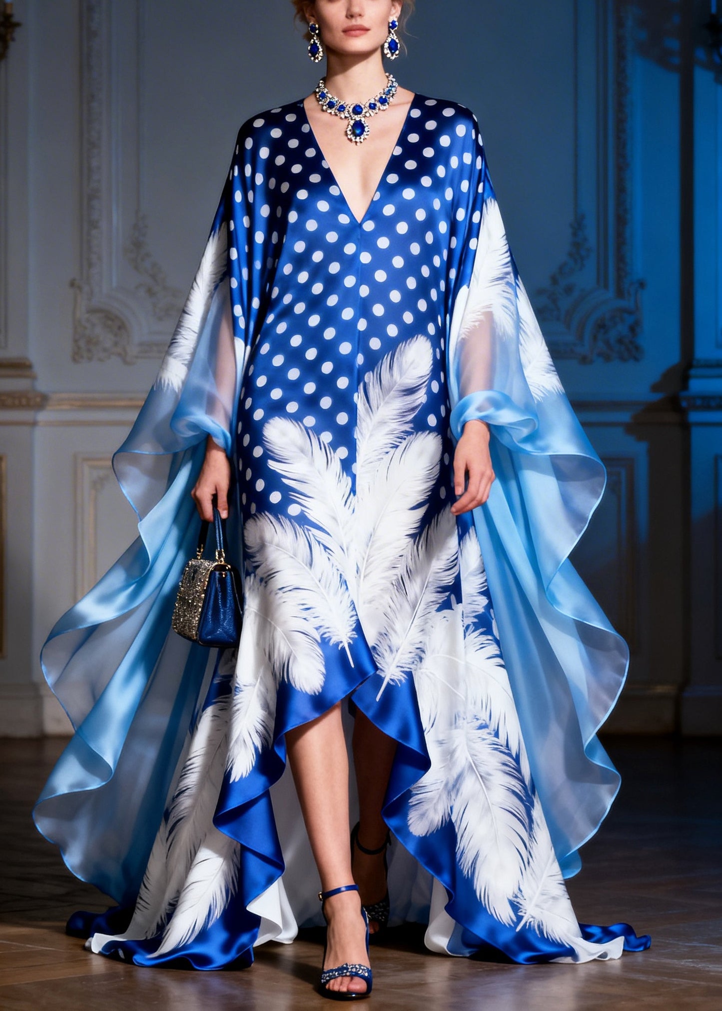 Elegant Blue Print Exra Large Hem Low High Design Silk Evening Dress Summer