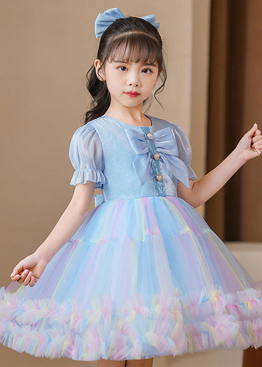 Elegant Blue Puff Sleeve Rainbow Exra Large Hem Tulle Kids Girls Dress Summer