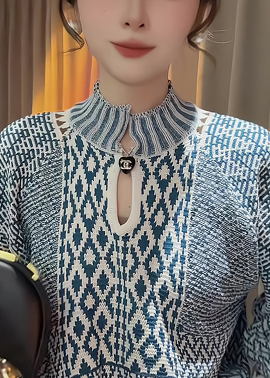 Elegant Blue Stand Collar Print Knit Sweater Spring