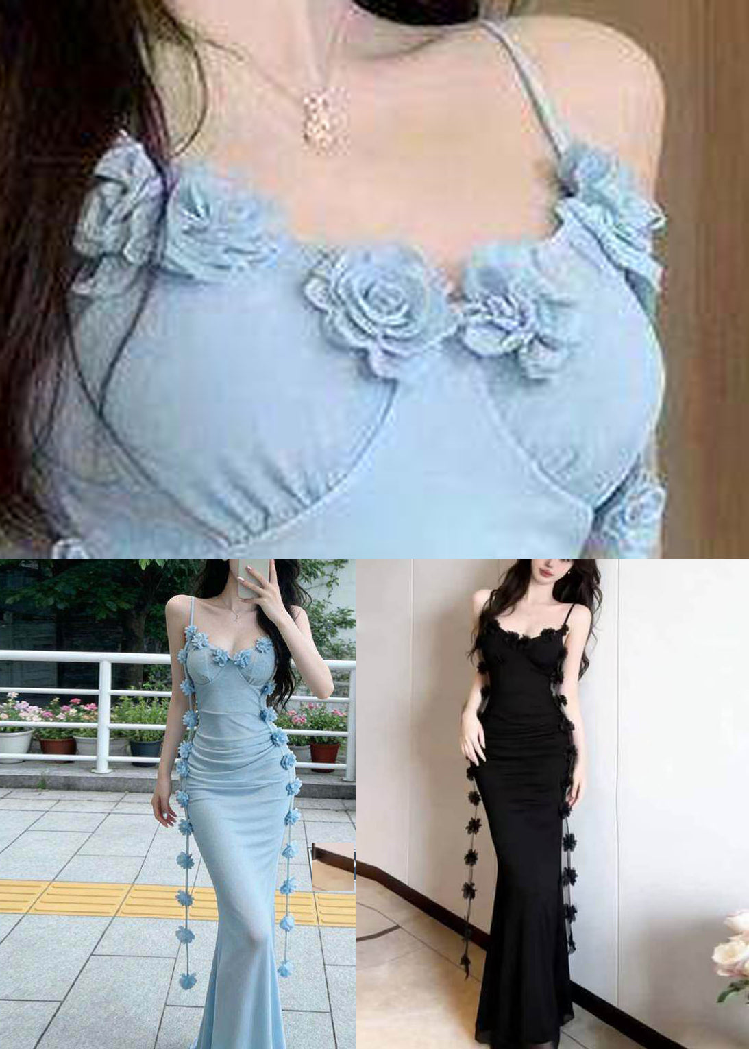 Elegant Blue V Neck Floral Long Spaghetti Strap Dress Summer
