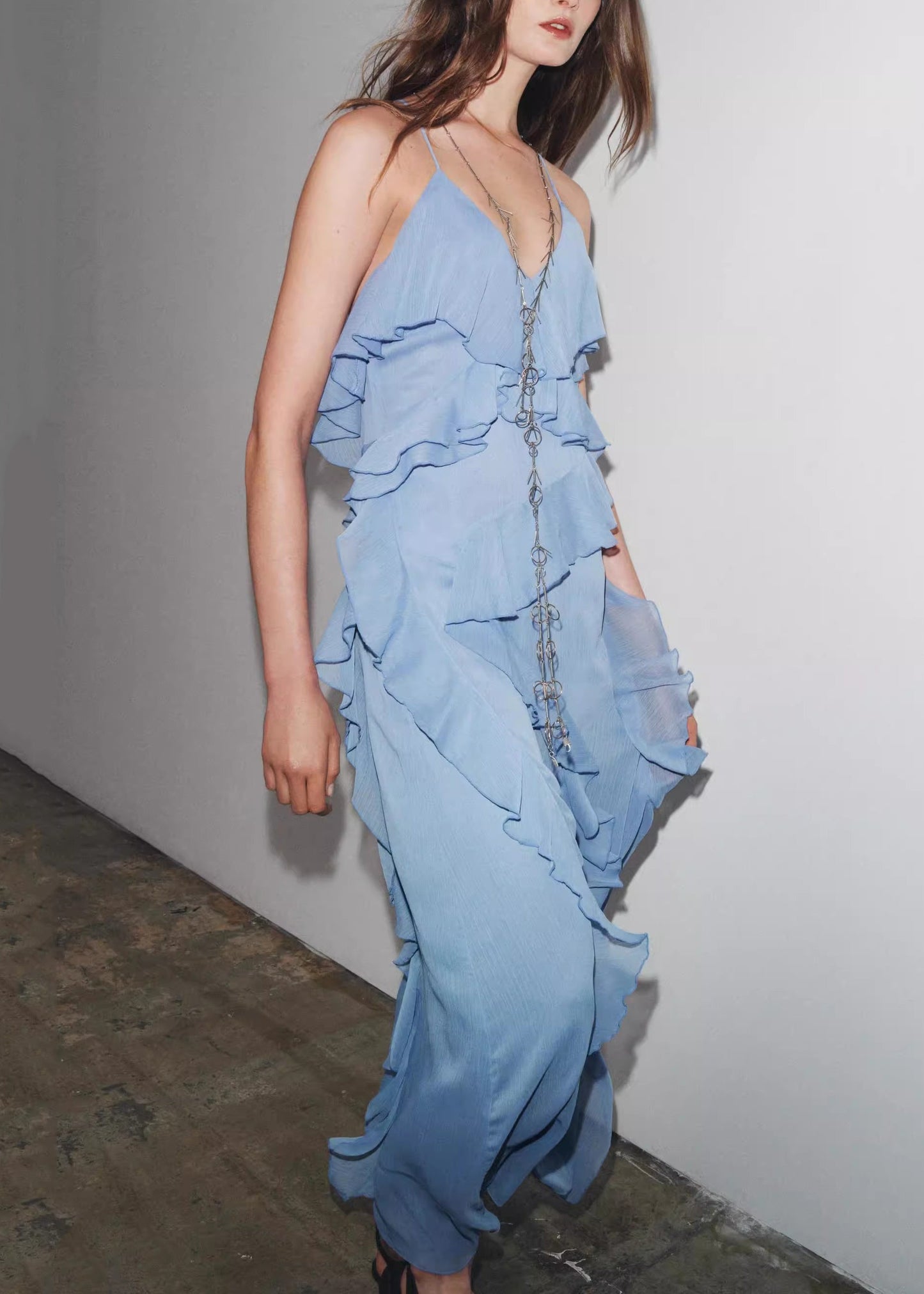 Elegant Blue V Neck Ruffled Chiffon Spaghetti Strap Dress Sleeveless