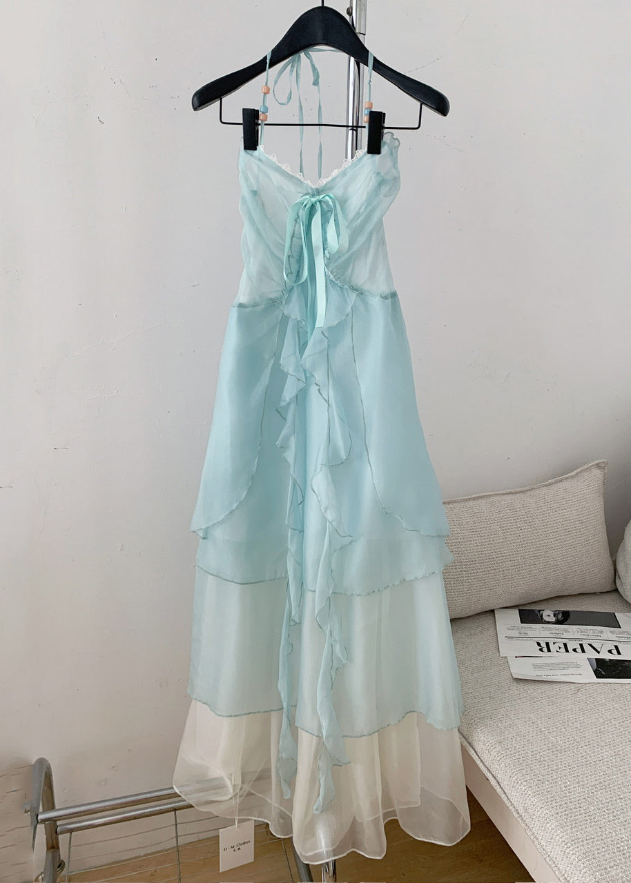 Elegant Blue V Neck Ruffled Lace Up Chiffon Long Dresses Sleeveless
