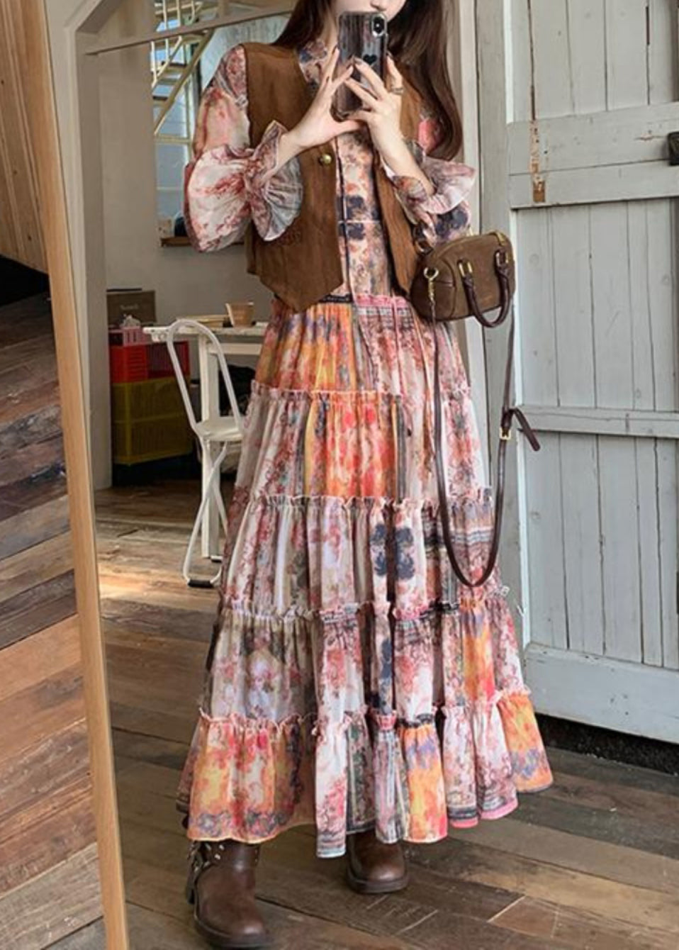 Elegant Brown Faux Suede Waistcoat And Ruffled Dress Two-Piece Set Spring