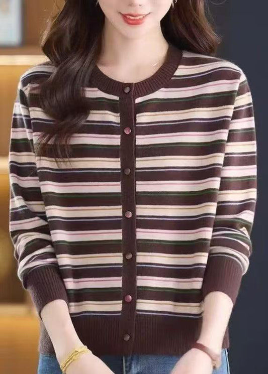 Elegant Brown O-Neck Striped Knit Cardigan Fall