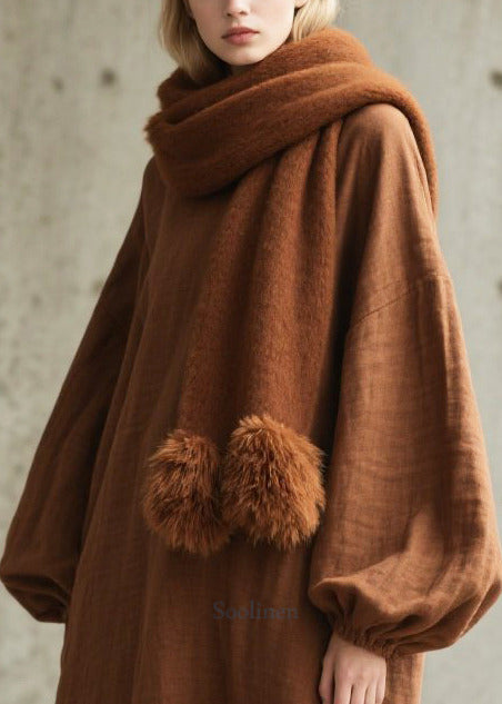 Elegant Brown Oversized Cotton Long Dresses Lantern Sleeve