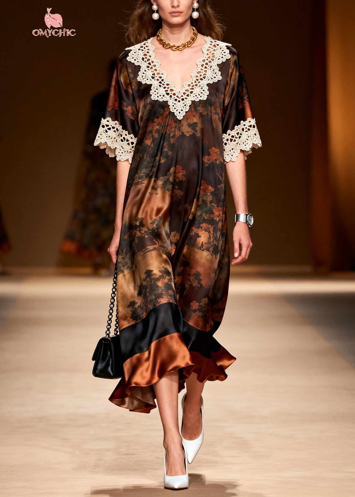 Elegant Brown Oversized Lace Patchwork Silk Dress Summer
