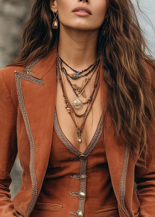 Elegant Brown Peter Pan Collar Cotton Two Pieces Set Fall