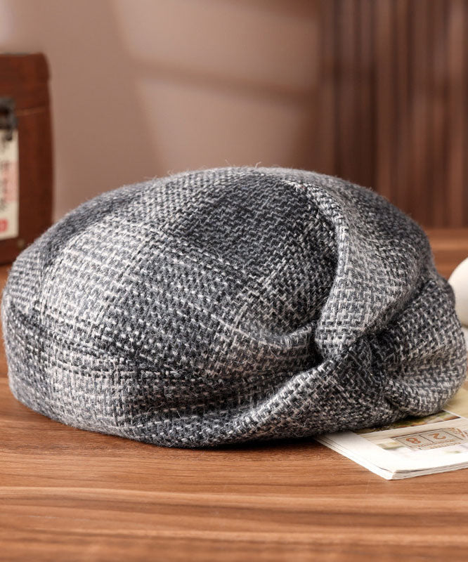 Elegant Brown Plaid Versatile Woolen Beret Hat
