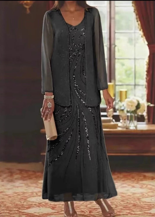 Elegant Champagne V Neck Sequins Chiffon Two Piece Suit Set Summer